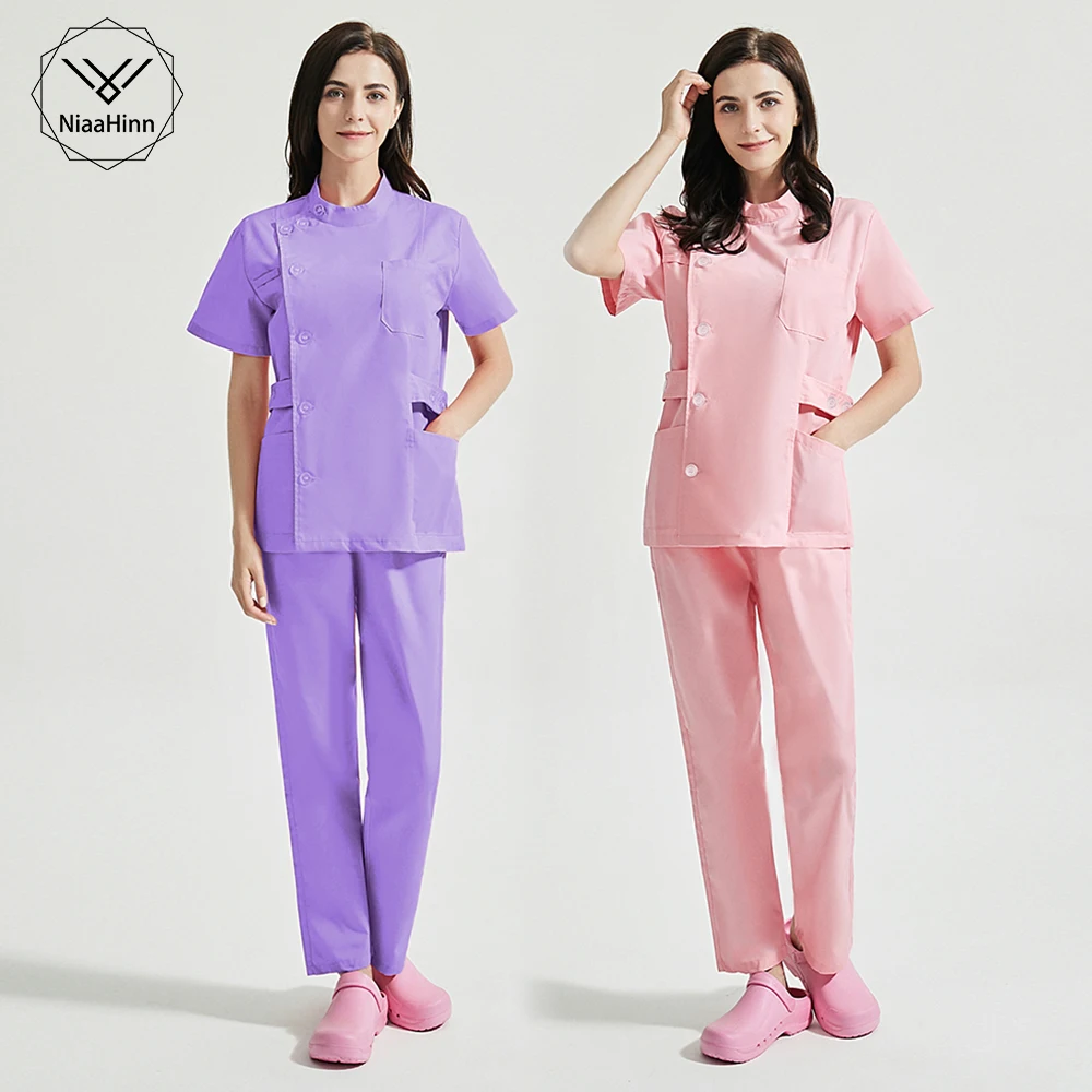 

Spa Uniform Men Women Short Sleeve Button Scrub Blouse Beauty Uniform Scrub Pantss with Pocket Pet Grooming Agency Work Clothes