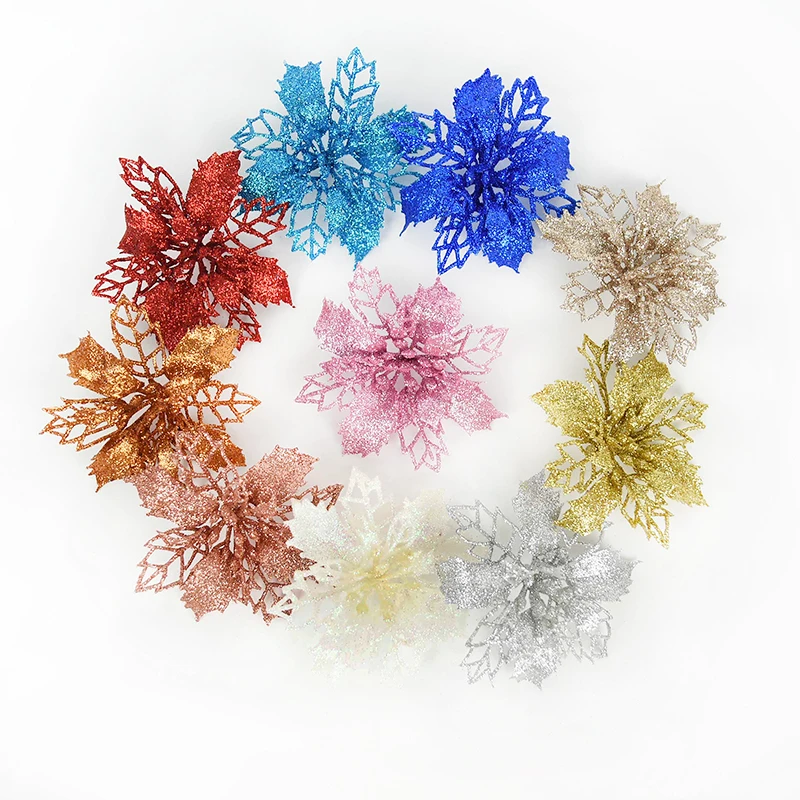

5Pcs Artificial Christmas Flowers Glitter Poinsettia Fake Flower Merry Christmas Tree Decoration Home 2021 Xmas Ornament Gift