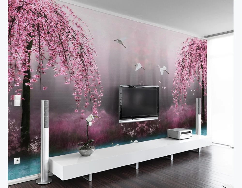 Фотообои на заказ красивые Фэнтези розовый цвет вишни лебедь озеро пейзаж