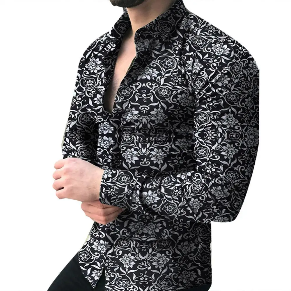 

Модная мужская приталенная рубашка с цветочным принтом и длинными рукавами, на пуговицах, с отложным воротником, для повседневной жизни