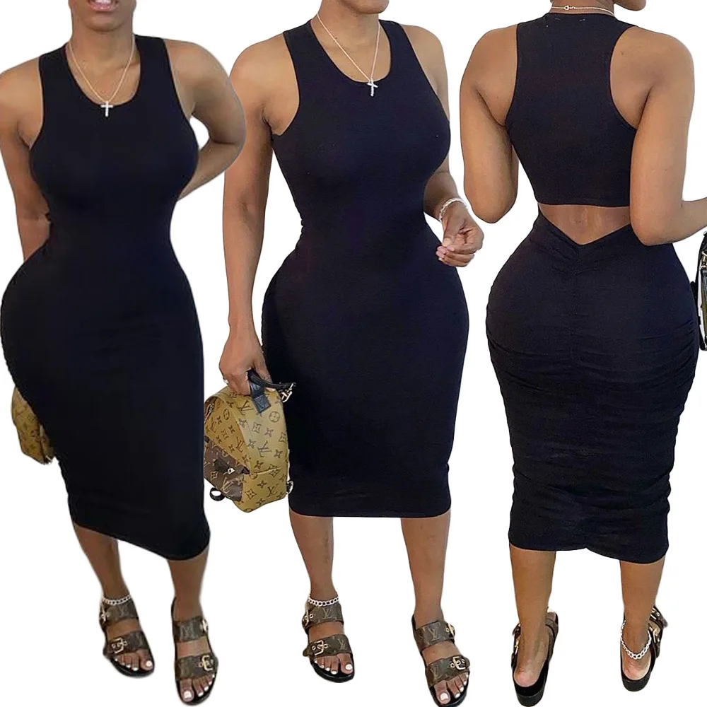 

2021 Woman Dress Wrinkle Sleeveless Hollow Out Office Lady