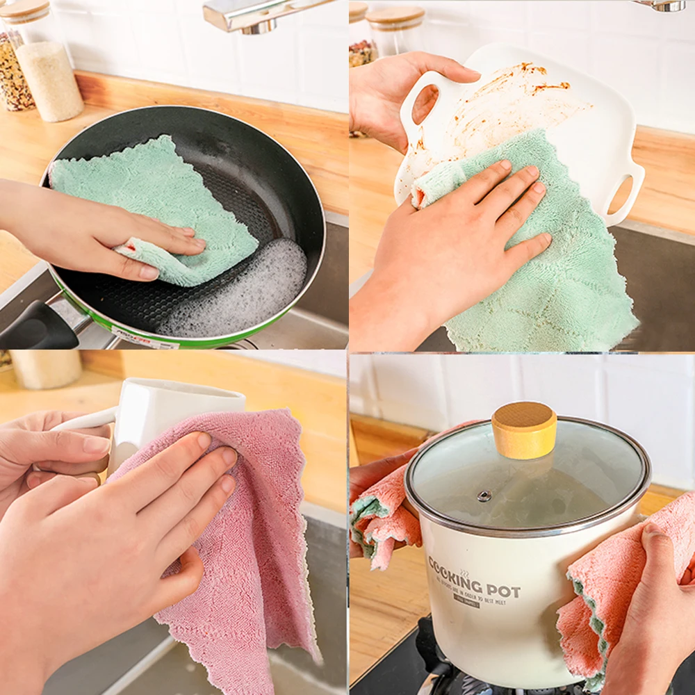 

1/5pcs Is Cheaper Double-layer Absorbent Microfiber Kitchen Dish Cloth Non-stick Oil Household Cleaning Wiping Towel Kichen Tool