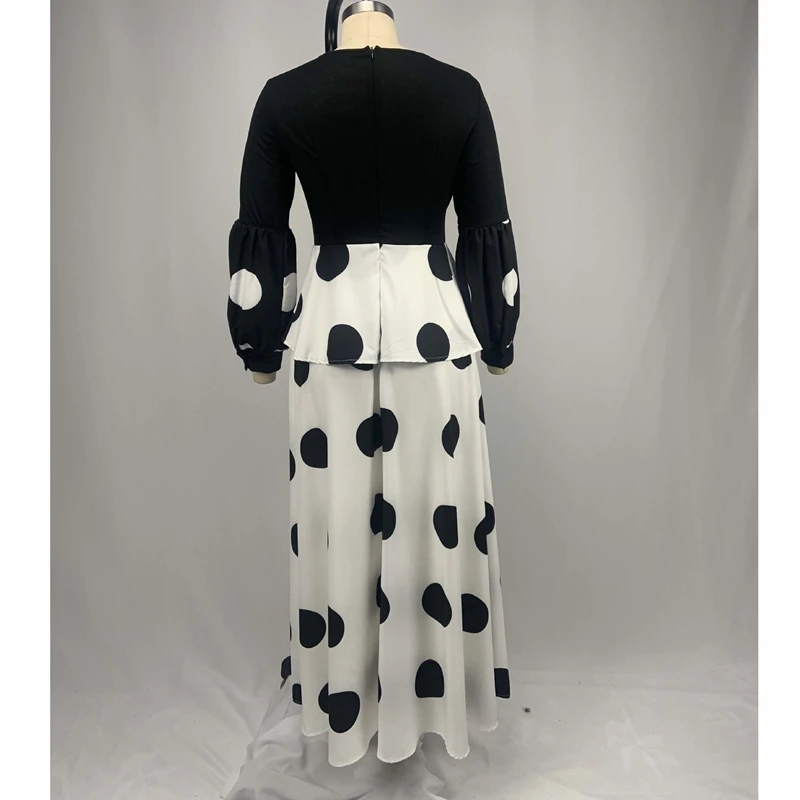 

WEPBEL High Waist Dress Women's Polka Dot Slim Fit Ruffled Stitching Dress Spring Long Sleeve V-neck Vintage Pleated Dress