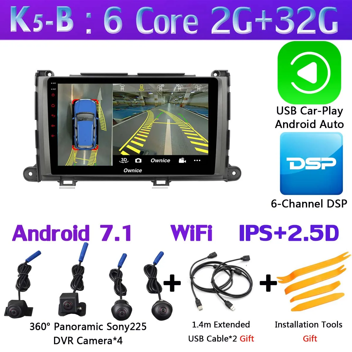 K5-B-CarPlay 360 ° панорамная камера Восьмиядерный 4 Гб+ 64 ГБ Android 9,0 Автомобильная магнитола для Toyota Sienna 3 XL30 2011- gps SPDIF DSP CarPlay - Цвет: K5-B-CarPlay