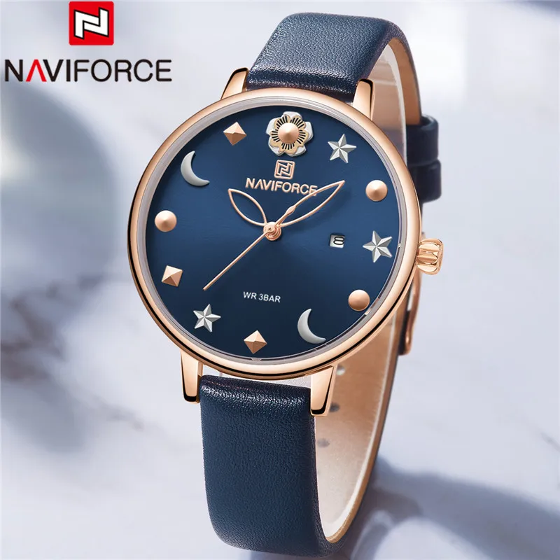 NAVIFORCE женские часы лучший бренд класса люкс золотые синие женские наручные часы из натуральной кожи браслет классические модные женские часы 5009