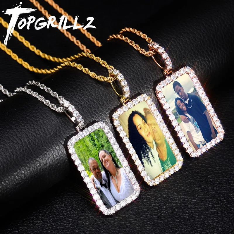 TOPGRILLZ Custom Made Photo Square Medallions Necklace & Pendant With 4mm Tennis Chain Gold Silver Zircon Men's Hip hop Jewelry