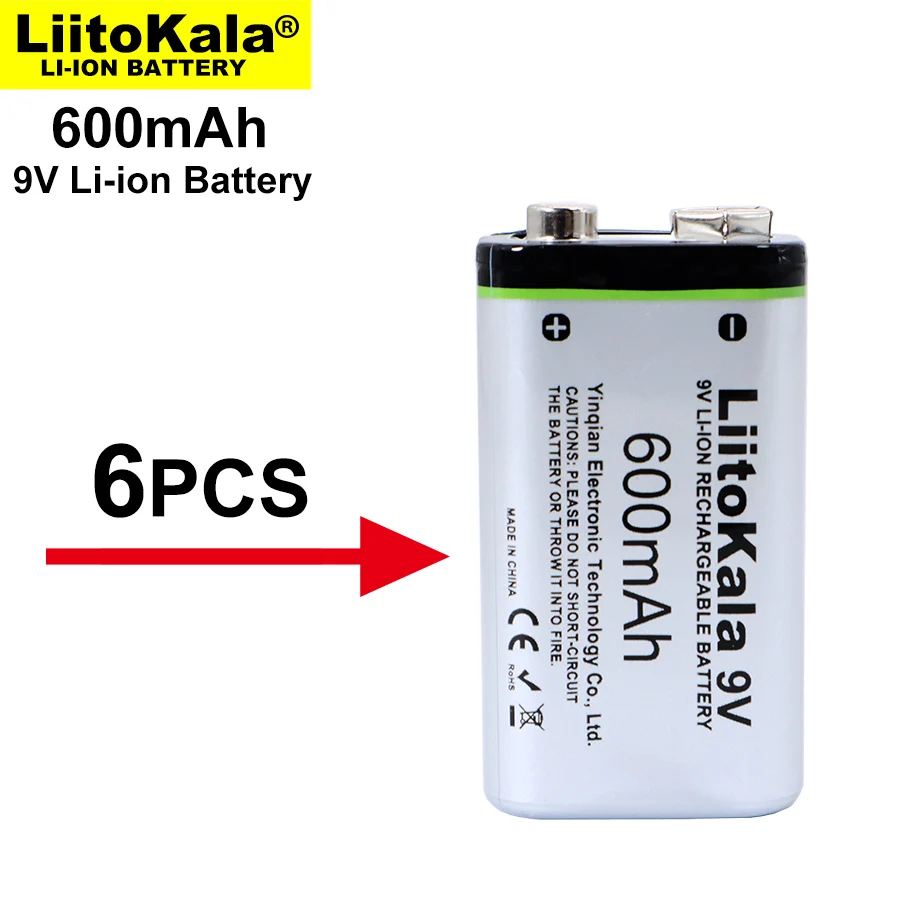 

6PCS/LOT LiitoKala 600mAh 9V li-ion Battery 6F22 Rechargeable Battery For Microphone Multimeter RC Toys Temperature Gun