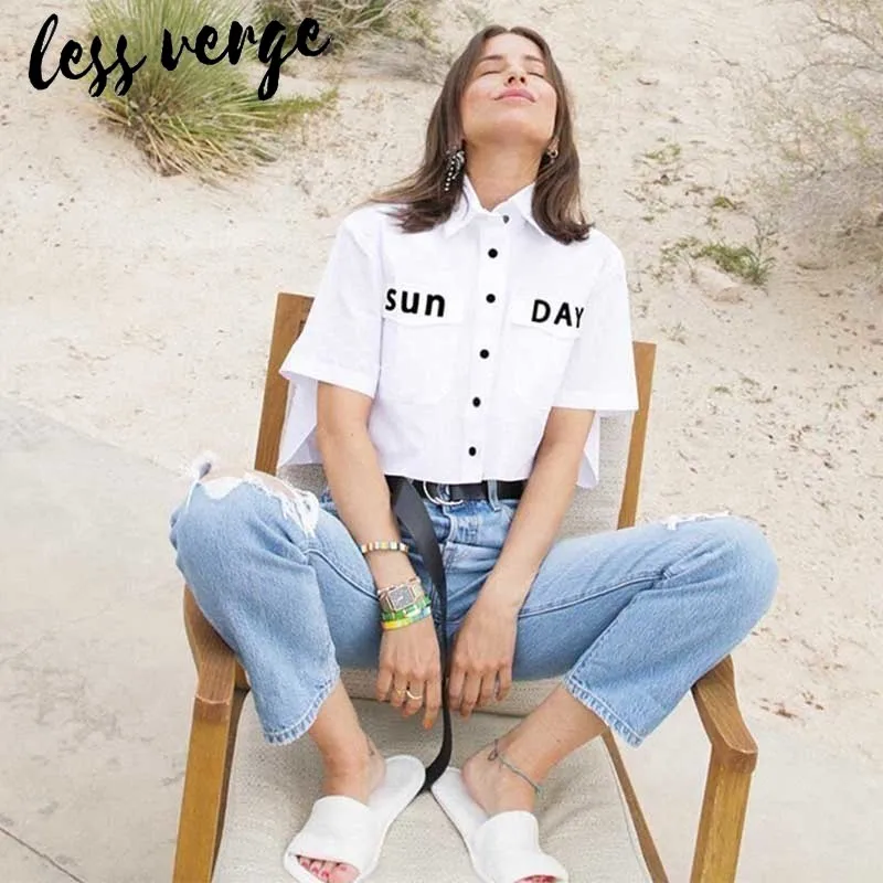 Lessverge/Повседневная белая блузка с коротким рукавом и буквенным принтом женская