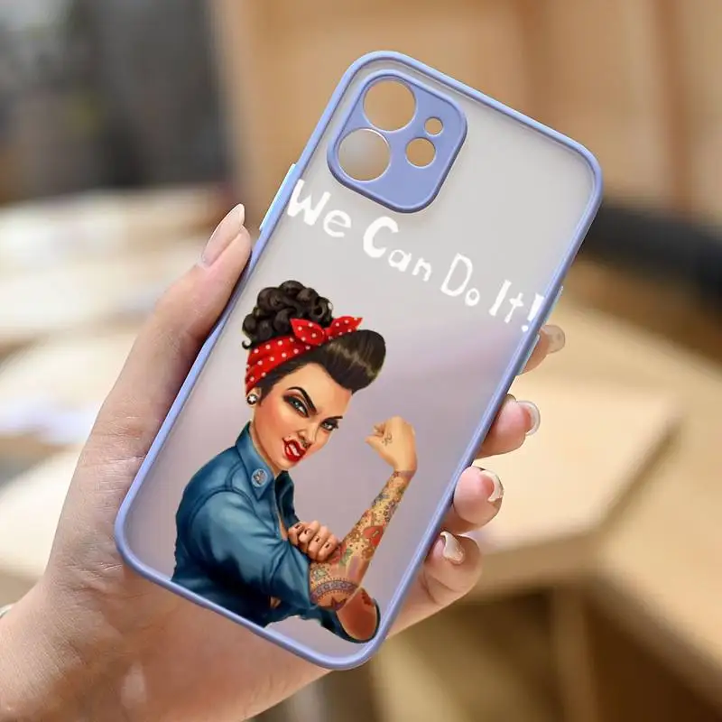 

We Can Do It Women Power Phone Case Dark Blue Transparent Matte For IPhone 7 8 11 12 S Mini Pro X XS XR MAX Plus Cover Shell