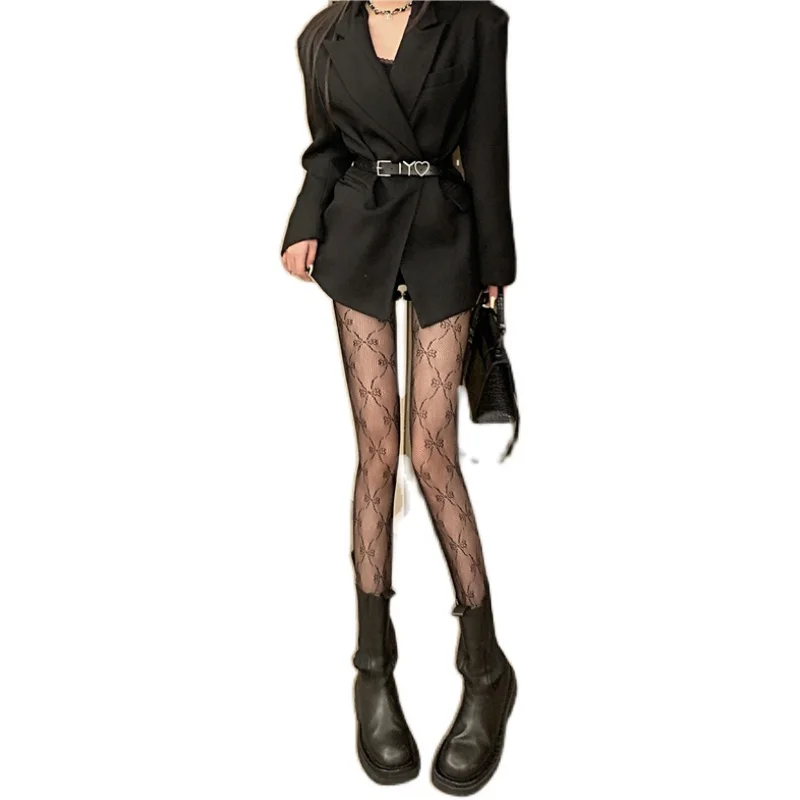 

Internet Celebrity Black Silk Mesh Stockings Bow Retro Sexy Fishnet Pantyhose Stockings Women's Autumn and Winter Bottoming
