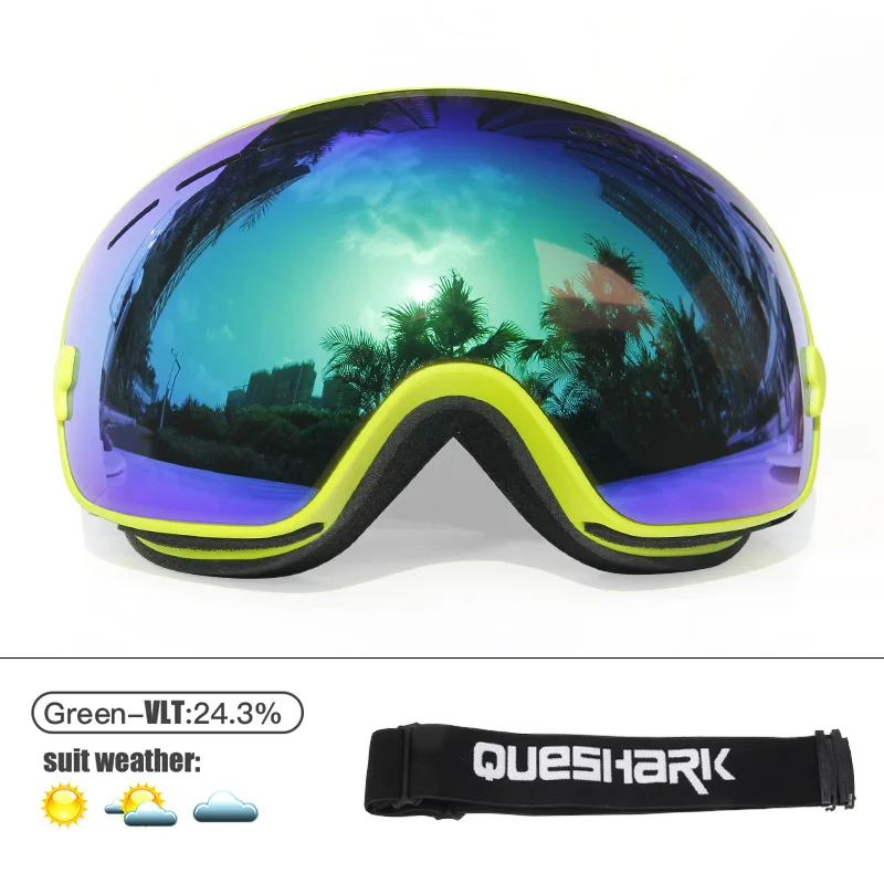 Green Queshark лыжные очки двухслойные UV400 Анти-туман большие Лыжные маски очки для катания на лыжах мужчины женщины снег сноуборд очки - Цвет: Green