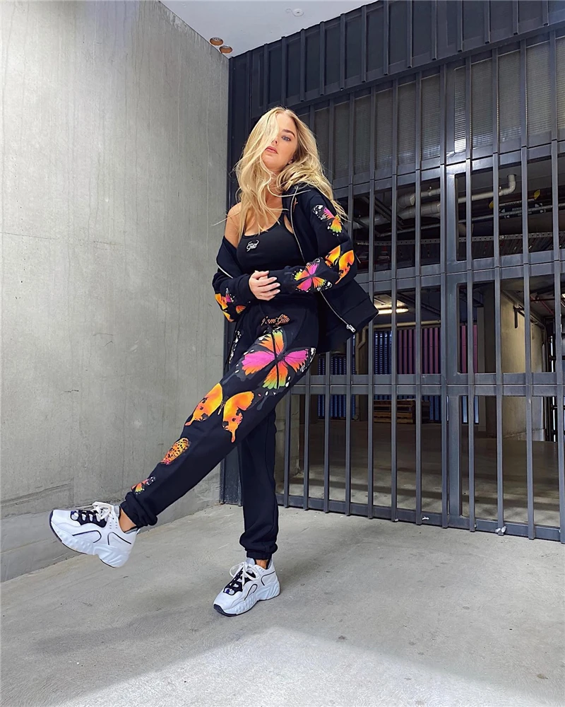 

Women Tracksuit 2 Pieces Sport Suit Clothes Set Autumn Fall Butterfly Long Sleeve Hooded Coat Pants White/Black Outfits Clothing