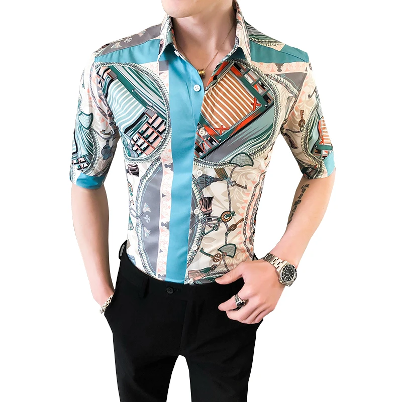 

England Style Youth People Fashion Slim Hip Hop Half Sleeve Shirt Summer New Quality Polyester Fiber Luxury Chemise Homme M-XXXL