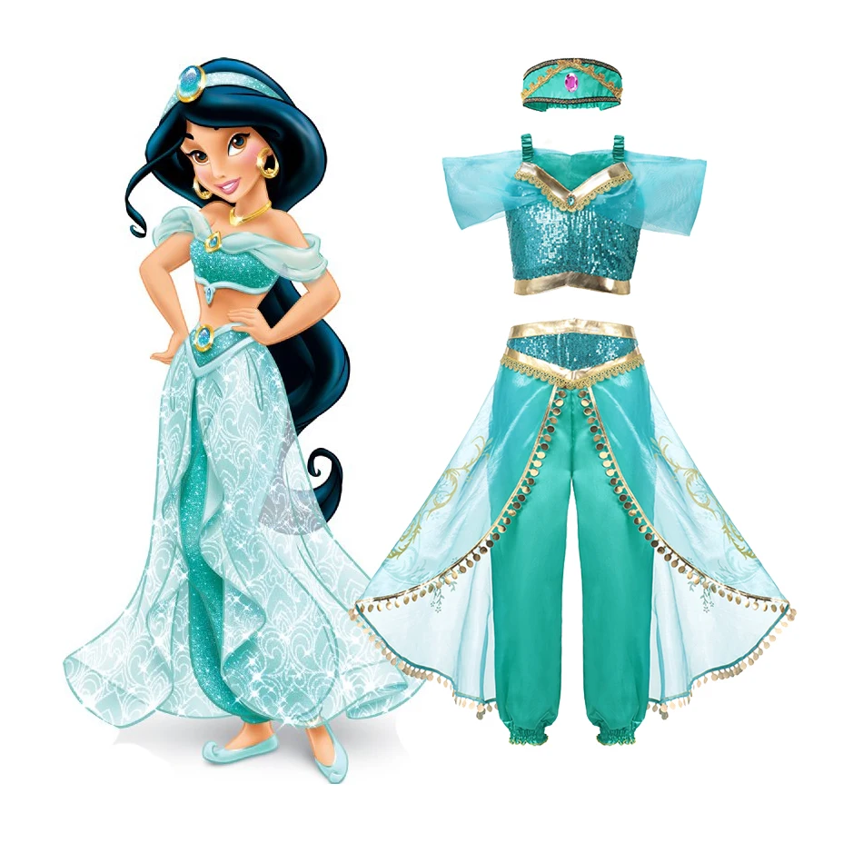 Disney Jasmine Princess Dress Mesh Aladdin Cosplay Costume For Girls Halloween Party Outfits Kids Sequins Role Clothing 3pcs Set