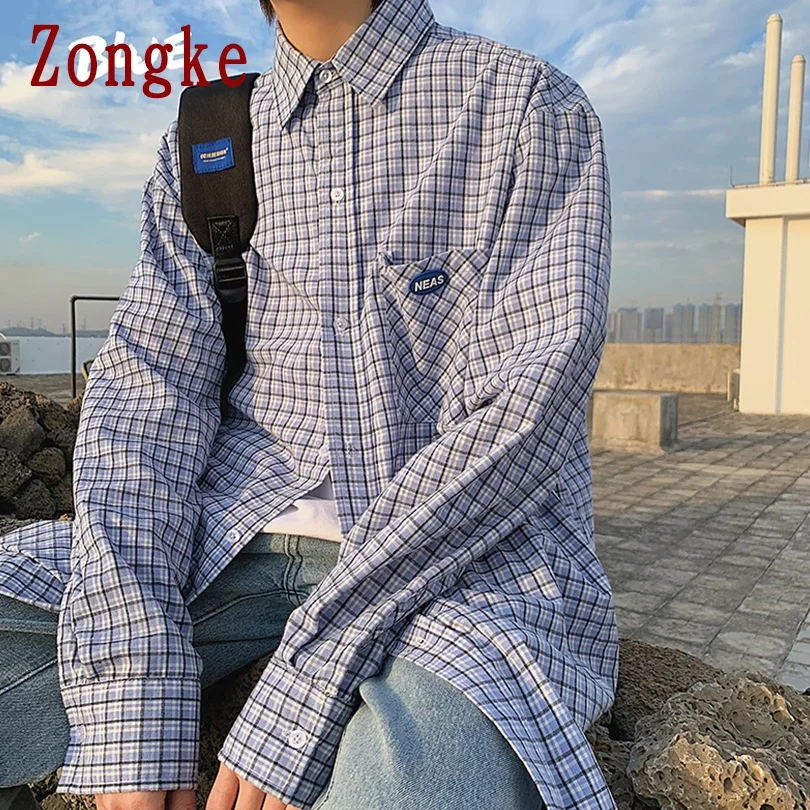 

Zongke Casual Plaid Shirts For Men Clothing Korean Style Men Shirt Long Sleeve Harajuku Mens Shirts Korean Clothes 2XL 2021