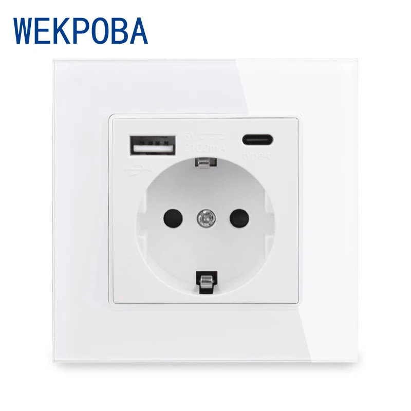 WEKPOBA EU Russia Spain Standard Wall Power Socket Grounded USB Type A & Type-C Charge Port Tempered Glass Panel White