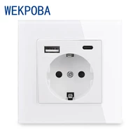 wekpoba eu russia spain standard wall power socket grounded usb type a type c charge port tempered glass panel white