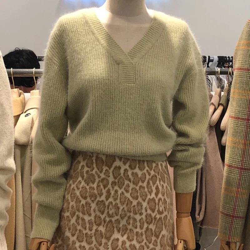 

WTAINYUW 2021 New Fashion Women Mink Cashmere Knitted Sweater Winter Autumn V Neck Long Sleeve Soft Warm White Sweater