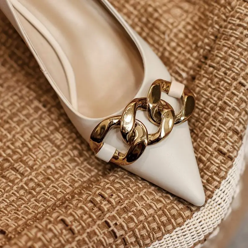 

ALLBITEFO golden chain design soft genuine leather women heels shoes fashion party wedding shoes high heel shoes high heels