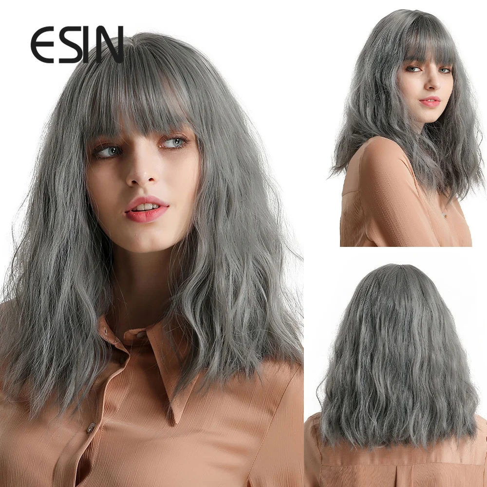 

ESIN Grey Medium Long Body Wave Wig with Bangs Cosplay Daily Natural Wigs for Women Heat-resistant Synthetic Hair