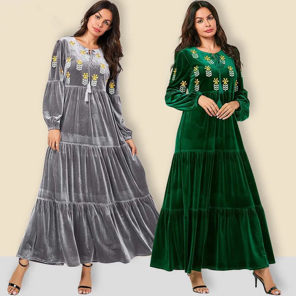 2019 Новый зима-осень длинное мусульманское платье бархат элегантные