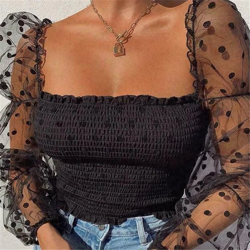 Сексуальные женские блузки в горошек сетчатые Прозрачные топы с длинными