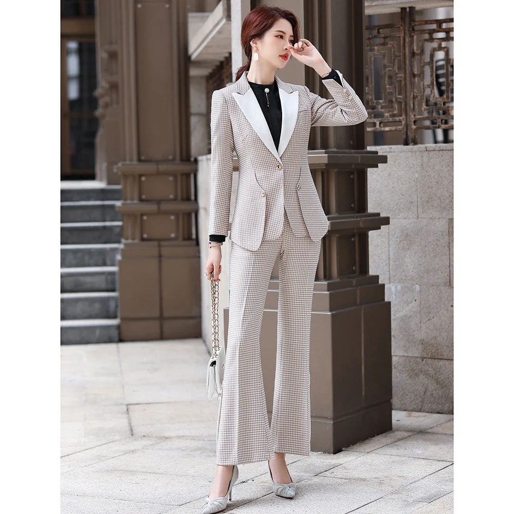 New Autumn Winter Black Fashion Women Suit Slim Plaid Blazer Pant Office Lady Notched Jacket Pant Suits Femme 2 Pieces Set