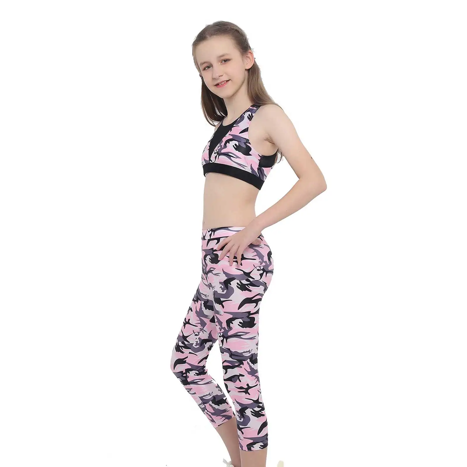 Ch&aacute;ndal deportivo de camuflaje para ni&ntilde;os y ni&ntilde;as, conjunto de ropa deportiva de Yoga, Top recortado de impacto, sujetador y pantalones, traje de baile-2