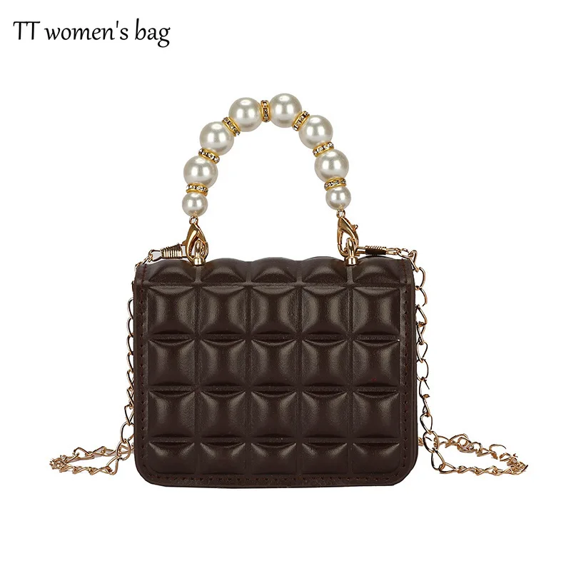 

Fashion Women PU Leather Thin Chain Shoulder Crossbody Bag with Pearl Handle Portable Chocolate Grid Solid Color Small Handbags