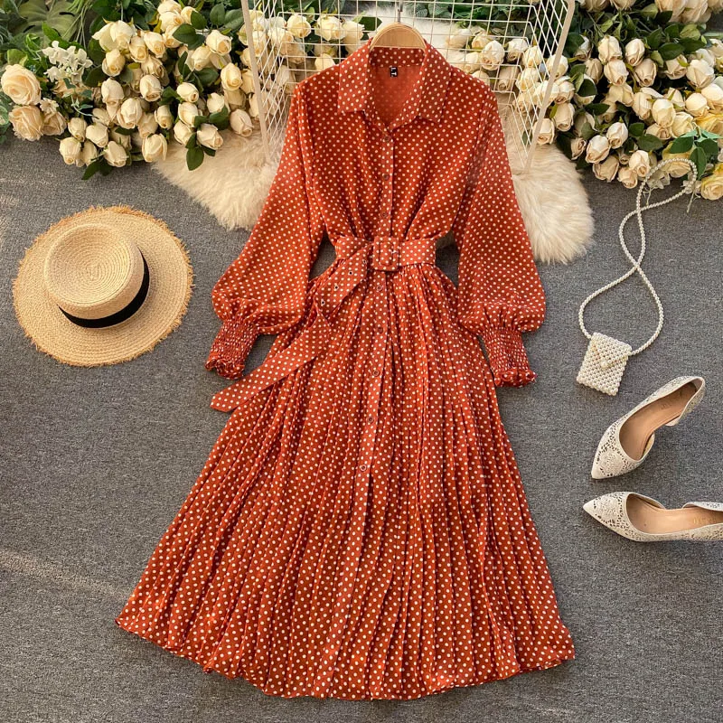 

Uulutonica Autumn Women Elegant Fashion A-line Dot Full Sashes Ankle-length Lantern Sleeve Empire Polo Chiffon Dress