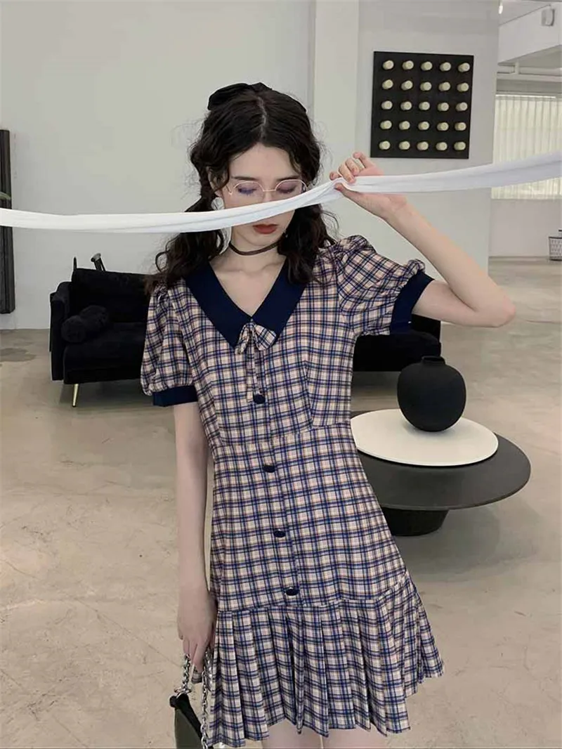 

2021 mori girl summer literary retro college style pattern dress short skirt V-neck lantern sleeves