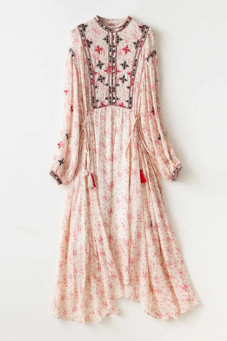 

Woman Black print Boho Embroidered Long Dress front Buttoned detail Long Sleeves Waist tied tassels end fashion Asymmetric derss