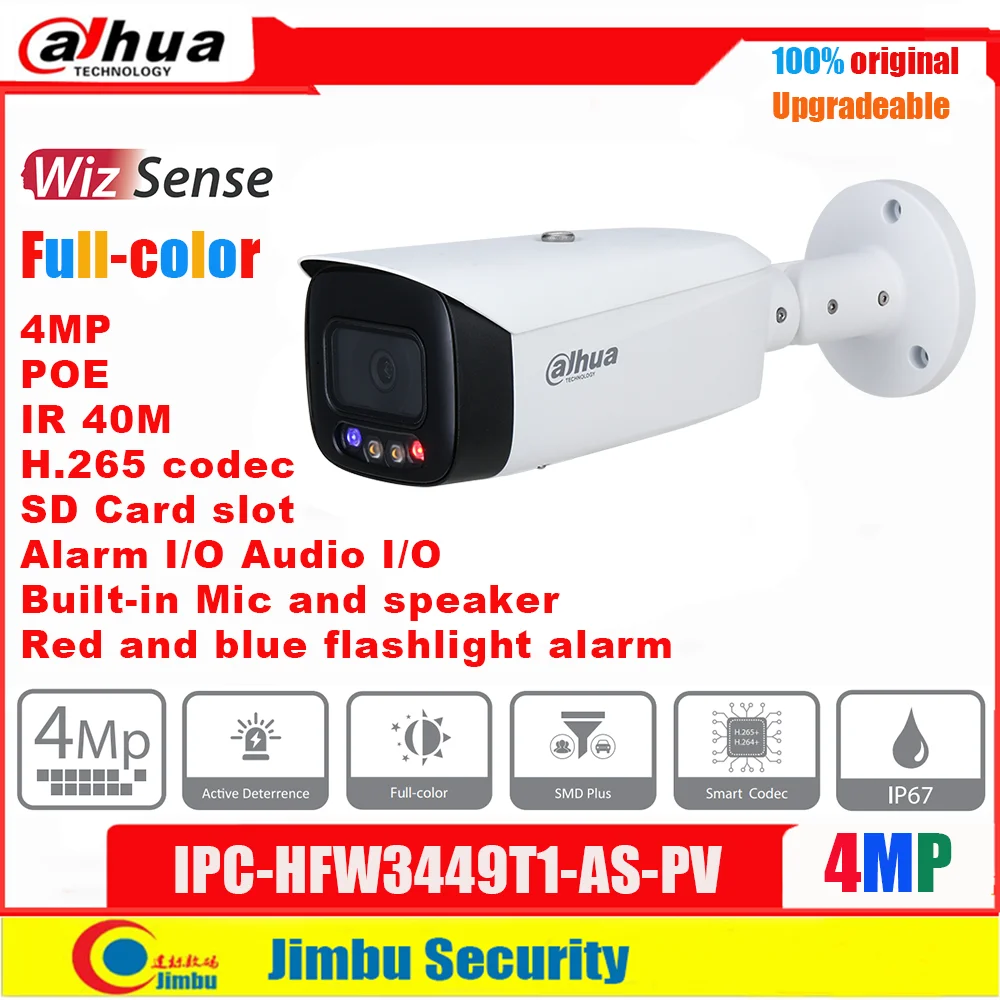 

Dahua 4MP POE IP Camera WizSense 24 Hours Full-Color IPC-HFW3449T1-AS-PV Built-in Mic And Speaker Bullet Camera IR40m Outdoor