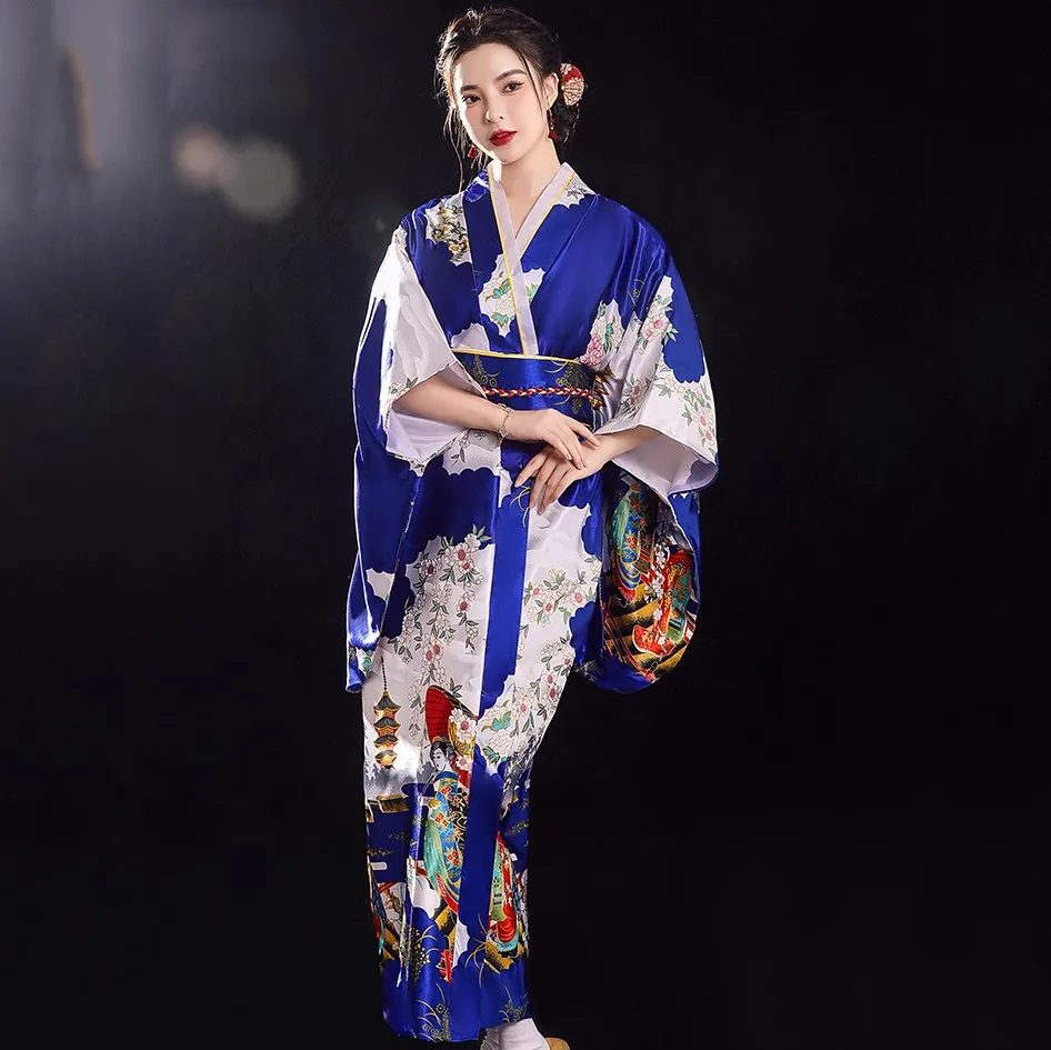 

Women Costumes Summer Cosplay Dressing Gown Kimono Yukata Stage Performance Clothes With Obi Print Flower Haori Bathrobe