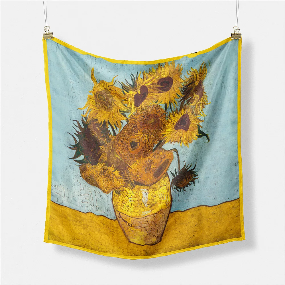 

53cm Van Gogh Oil Painting Sunflower In Bottle Twill 100% Silk Scarf Women Square Scarves Shawls Foulard Bandana Hair Scarf