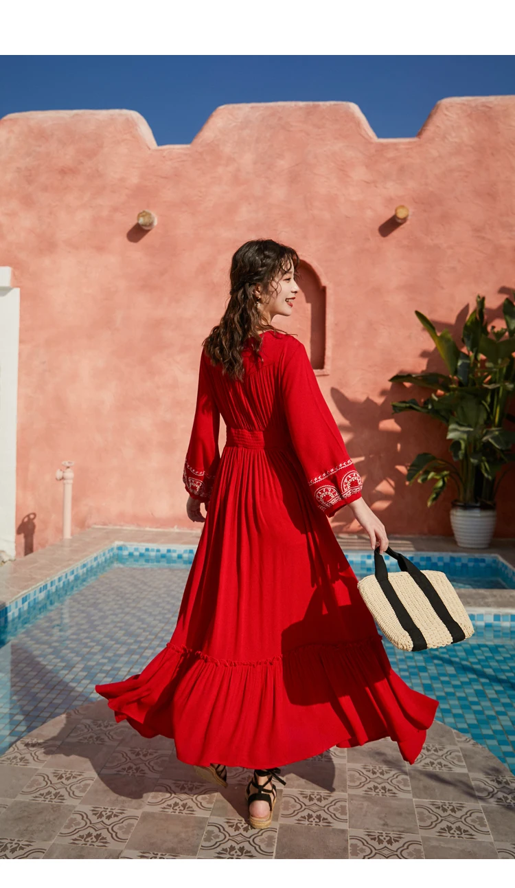 Винтажное богемное Летнее Длинное Платье Tingfly с вышивкой красные вечерние платья