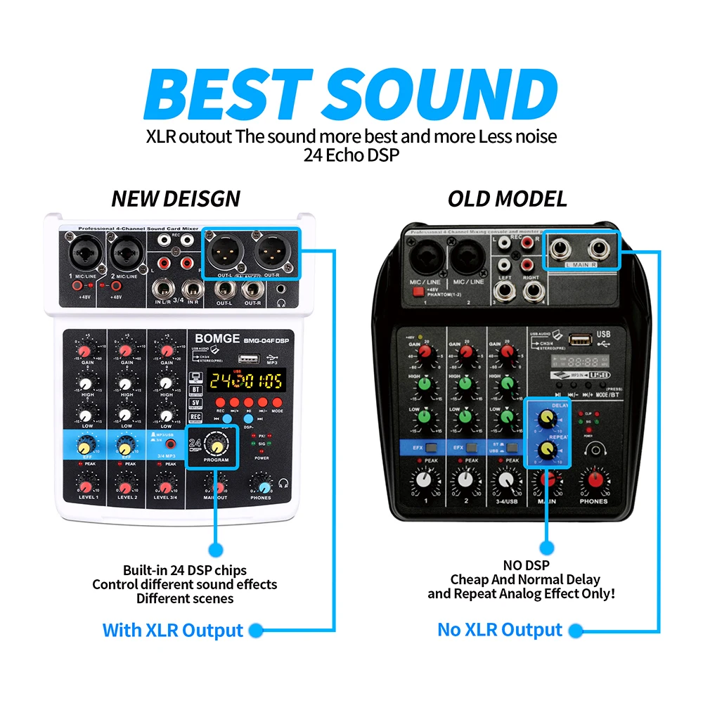 4-канальный микшер DJ микшерная консоль с 24 Echo DSP Bluetooth 48 В монитор фантомного