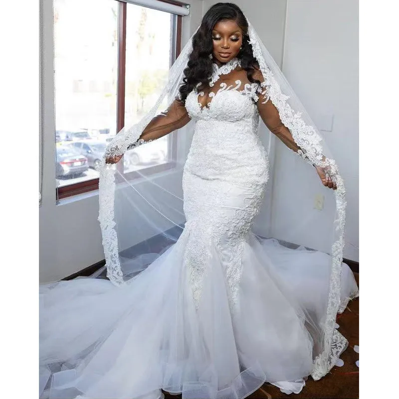 

KapokDressy 2021 New Arabic Aso Ebi Vintage High Neck Wedding Dresses Mesh Full Sleeve Lace Vestido De Novia Beads Bridal Gown