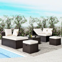 5 piece all weather pe wicker sofa set rattan with tempered glass tea table and removable cushions adjustable chaise lounge