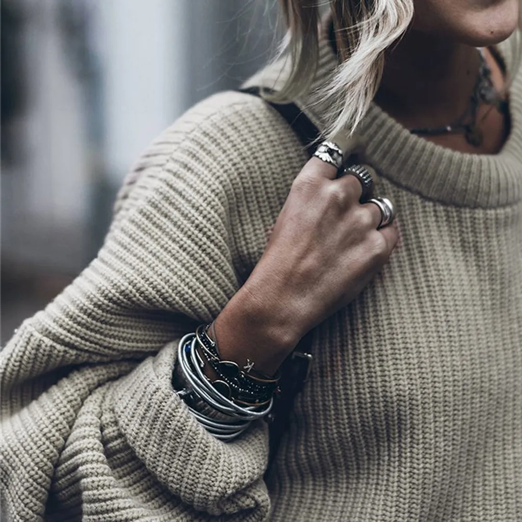 Женский свитер с длинным рукавом и круглым вырезом повседневный однотонный