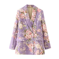 women 2020 fashion double breasted floral print blazer coat vintage long sleeve pockets female outerwear chic tops blazer women