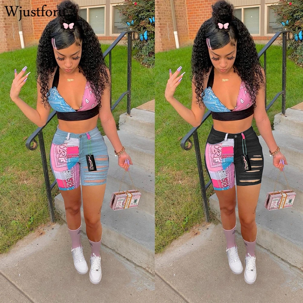 

Шорты Wjustforu женские рваные с принтом бандана, уличная одежда, узкие джинсовые штаны в стиле пэчворк, летняя одежда