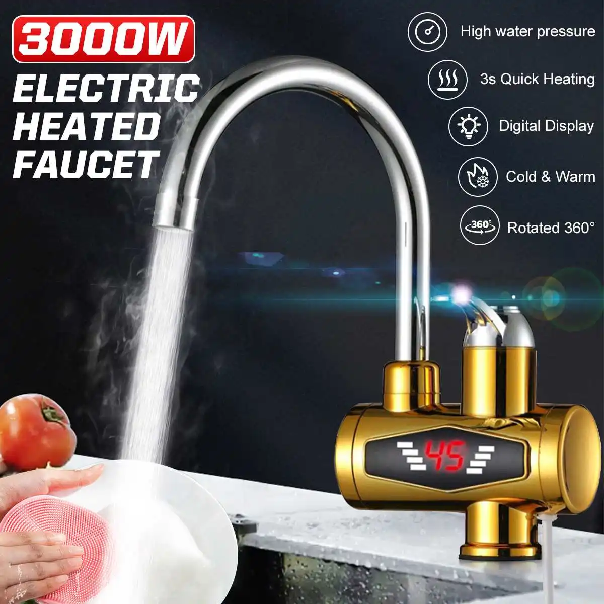 

3KW 220V Gold Electric Water Faucet Heater Tankless Electric Water Heater Led Digital Display Bathroom Kitchen Heater Faucet