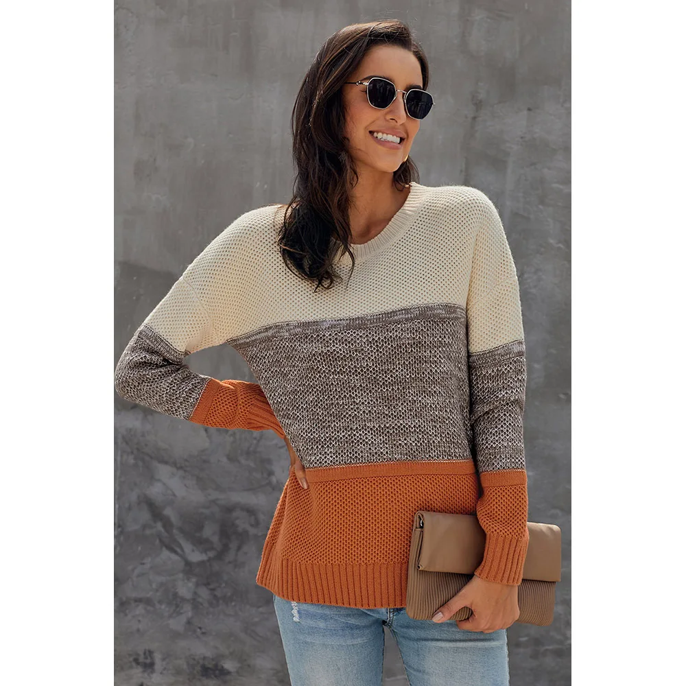 Женский трикотажный свитер контрастный пуловер с длинным рукавом и круглым