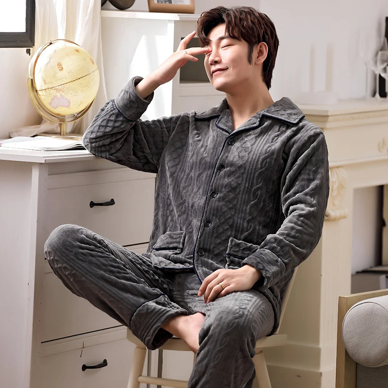 New autumn and winter thickened flannel men's pajamas warm and comfortable cardigan simple leisure home wear set
