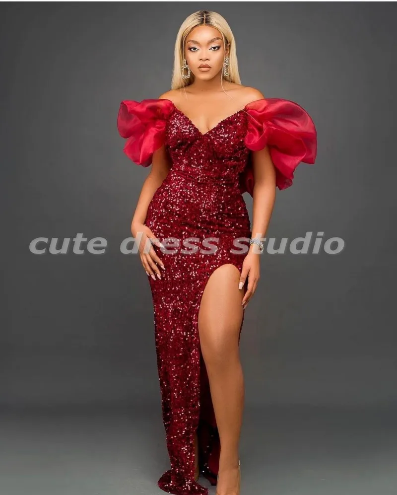 

Sexy Dark Red Mermaid Evening Dresses Long Off the Shoulder Short Sleeves African Prom Gowns Women Wedding Reception Wear