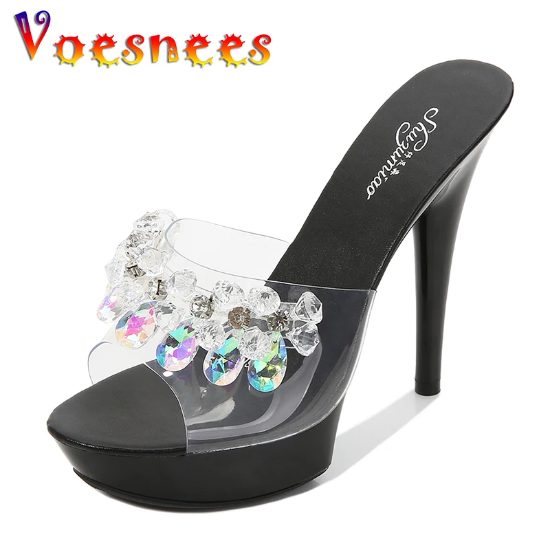 

Voesnees Women's Crystal Shoes Word Strip 2021 New Summer Fashion 13cm Wild Sexy High Heels with non-slip Clear Heels Slides
