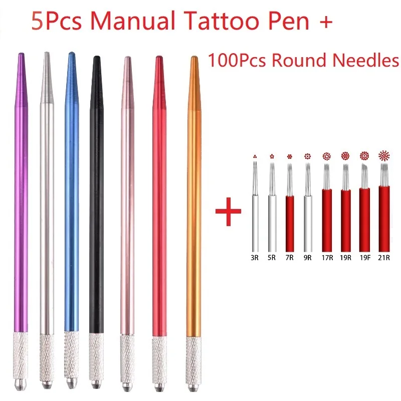 

Microblading Permanent Makeup Tattoo Pen Kits 5Pcs Manual Tattoo Pens 100Pcs Fog Shading Round Needles For 3D Eyebrow Embroidery