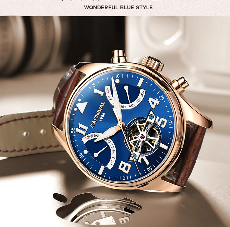 Tourbillon, мужские часы, розовое золото, чехол, синий циферблат, карнавал, автоматические часы, мужские, люксовый бренд, механические часы, Мода