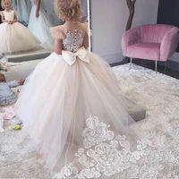 2021 simple ball gown flower girl dress lace appliques baby girls party dresses cap sleeves puffy back bow first communion dress